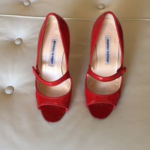 Manolo Blahnik Red open toe Mary Jane heels Sz 7